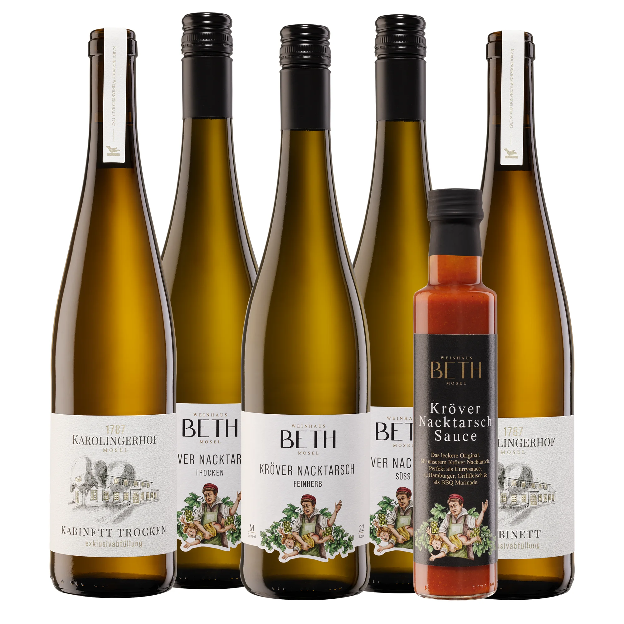 Ein Weinpaket aus fünf Flaschen Kröver Nacktarsch, unseren Premium Kabinett Riesling und der Kröver Nacktarsch BBQ Sauce