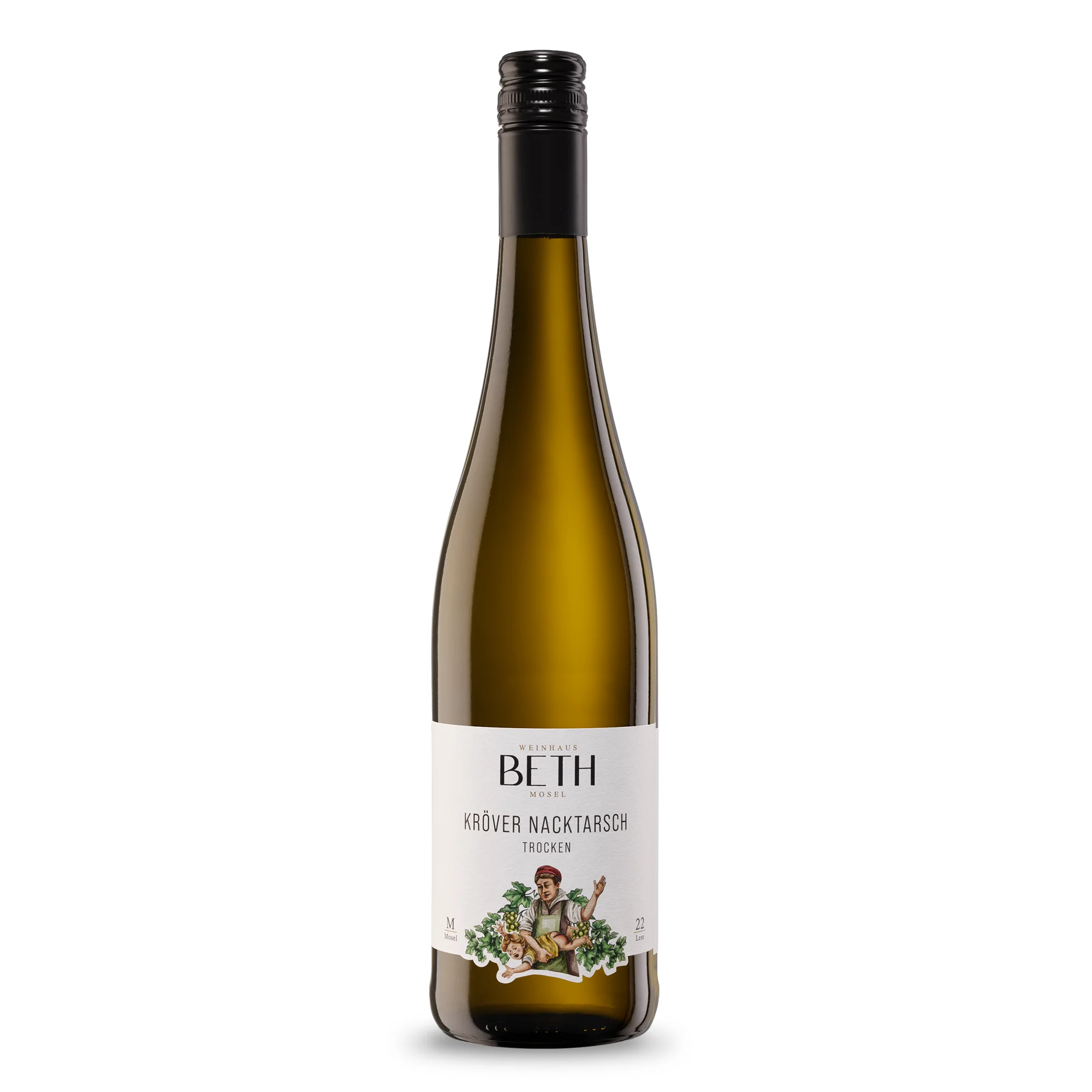 Flasche Kröver Nacktarsch trocken vom Weinhaus Beth aus Kröv an der Mosel mit illustriertem Etikett zur Geschichte des Kröver Nacktarschs