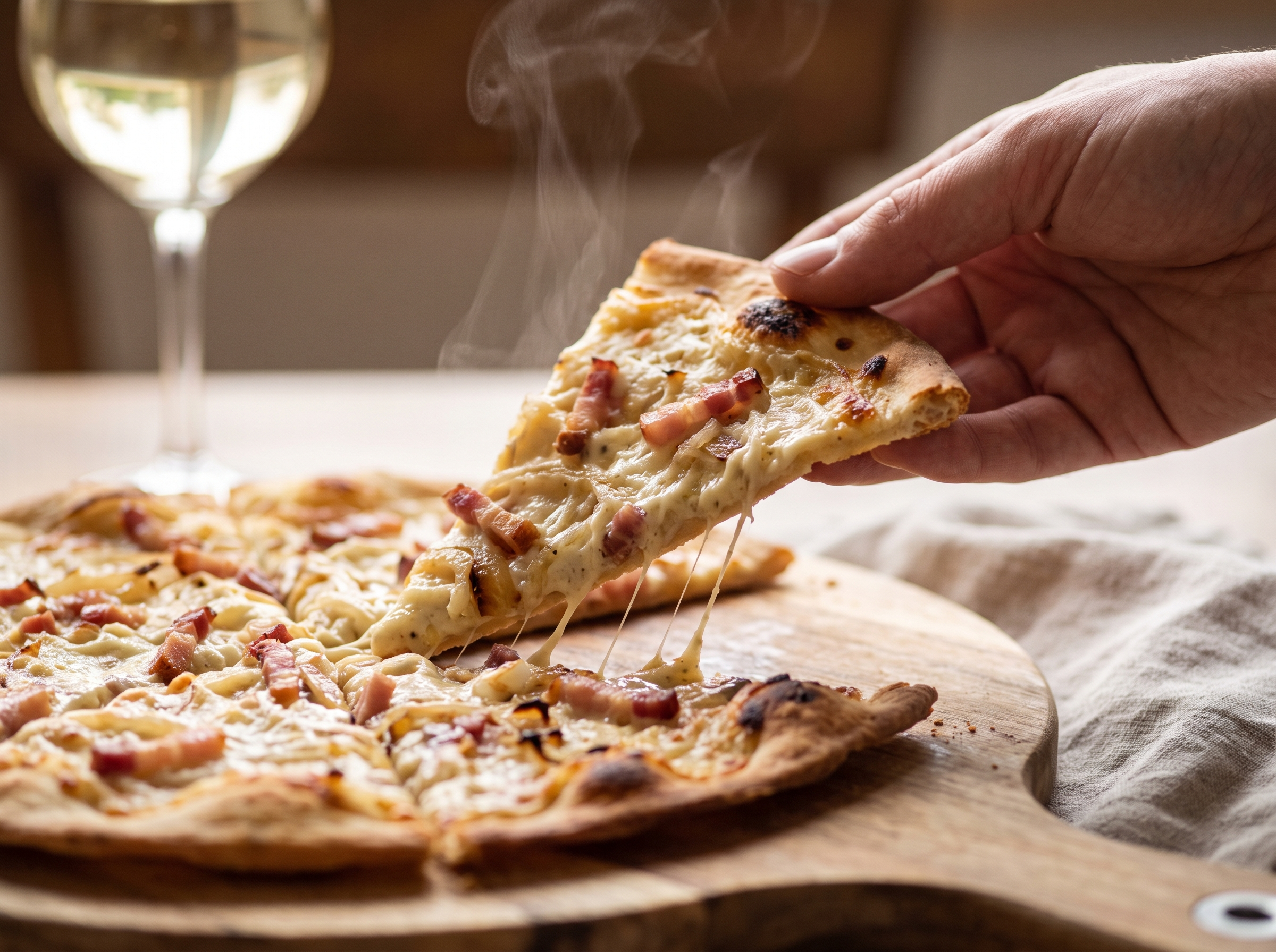 Ein warmer Flammkuchen auf einem Teller. Eine Hand nimmt sich ein Stück. Im Hintergrund steht ein glas Wein.