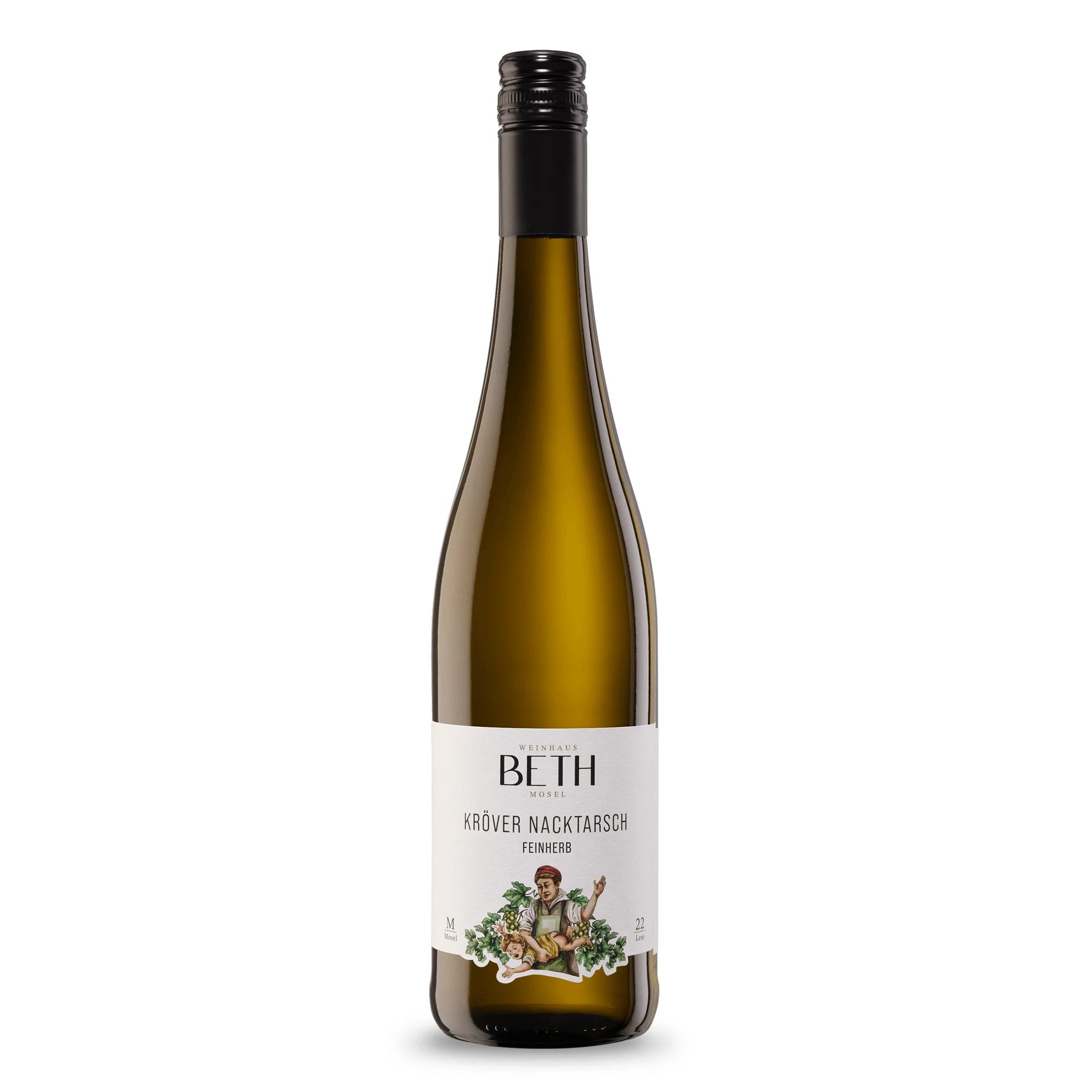 Kröver Nacktarsch Feinherb von Weinhaus Beth in Kröv an der Mosel mit auffälligem Etikett
